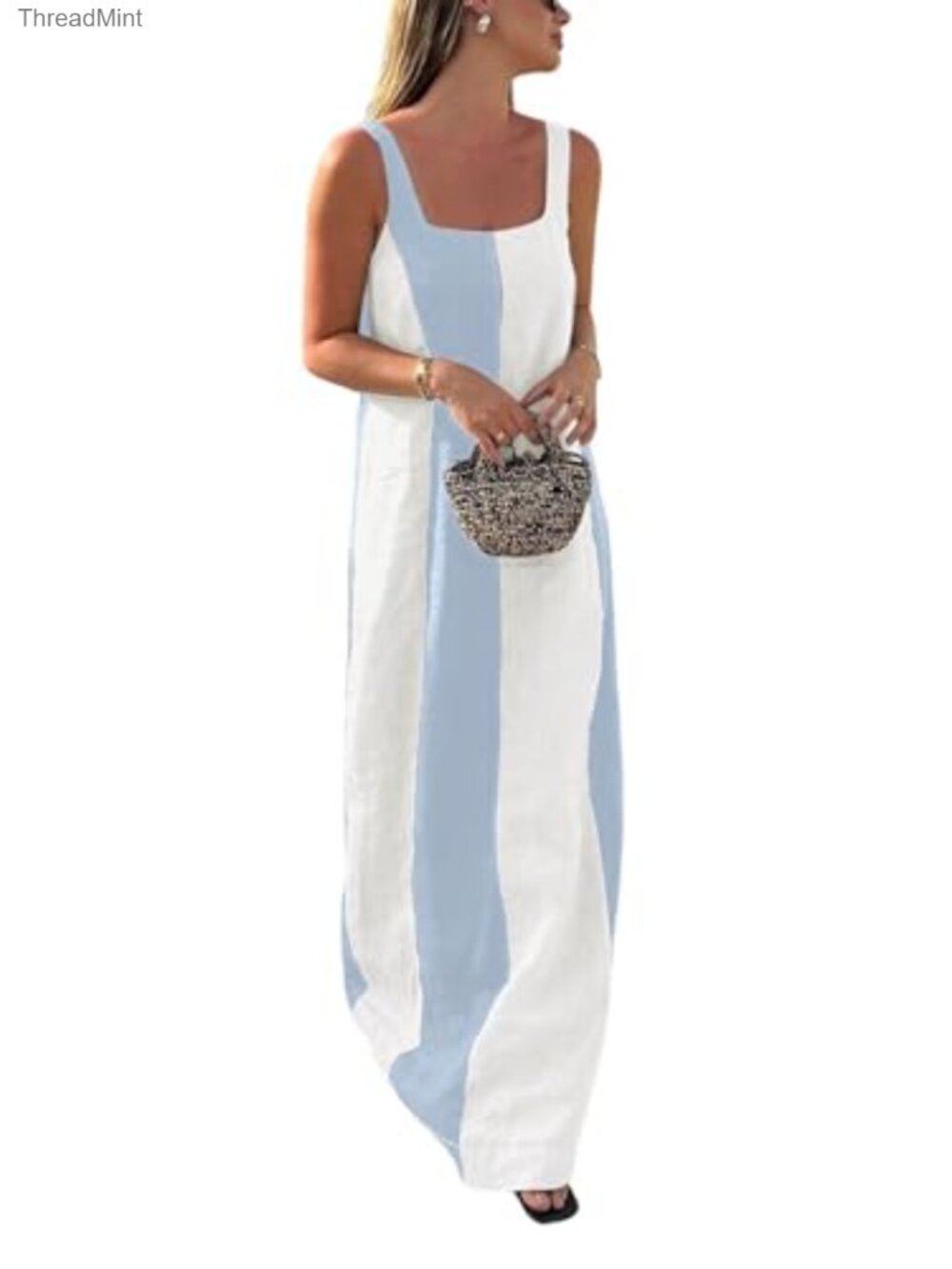 Sleeveless Cotton Linen Maxi Tank Dress Color Block Beach Vacation